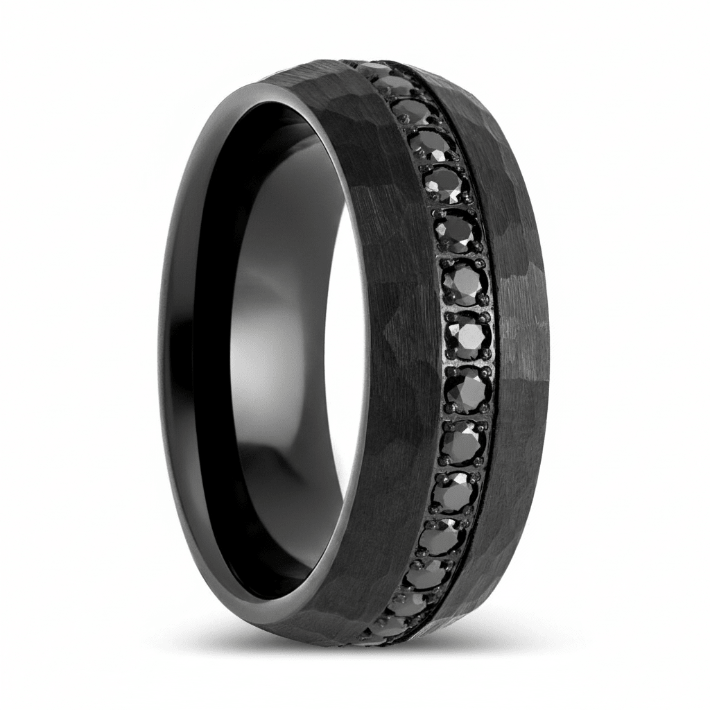 JUNCOS — Hero product shot — men's tungsten wedding ring.