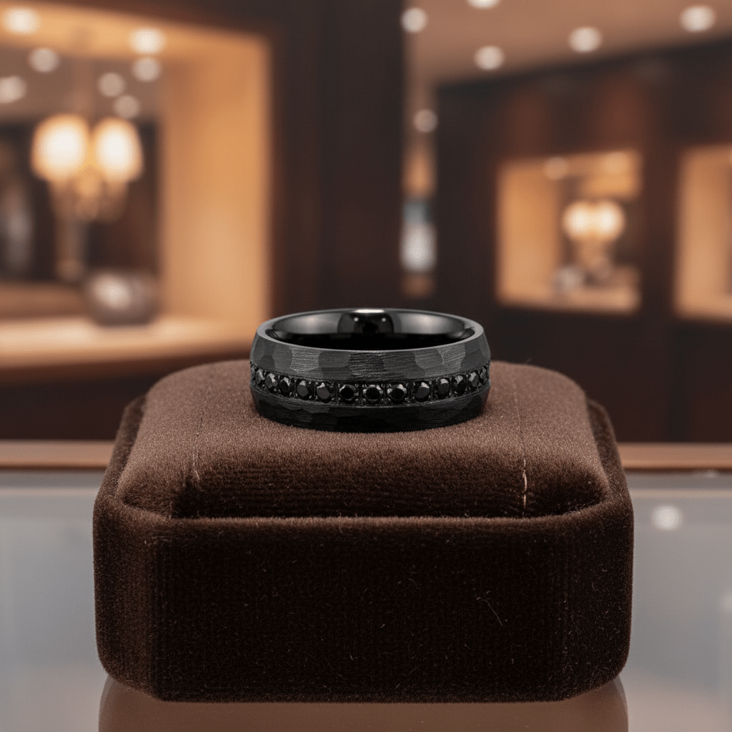 JUNCOS — Premium boutique display on velvet — men's tungsten wedding ring.