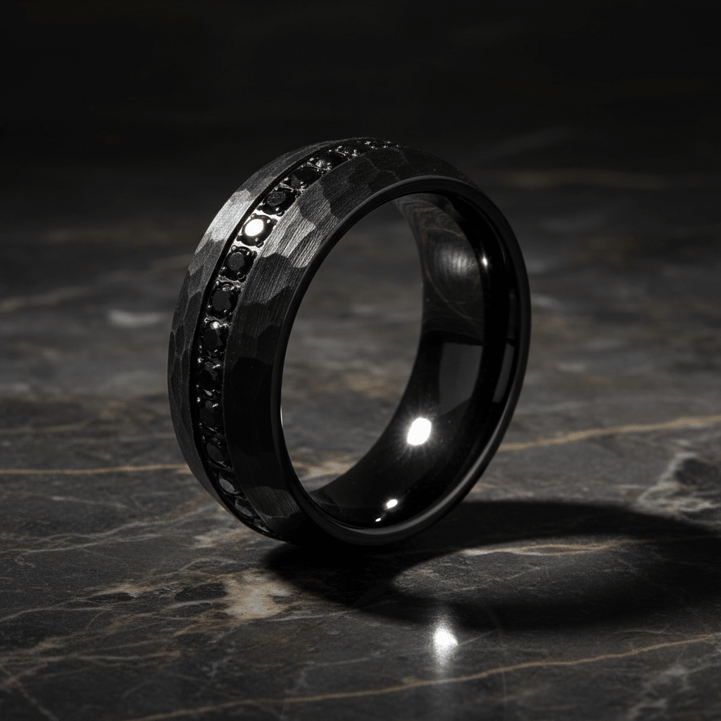 JUNCOS — Luxury 3/4 angle on dark marble — men's tungsten wedding ring.
