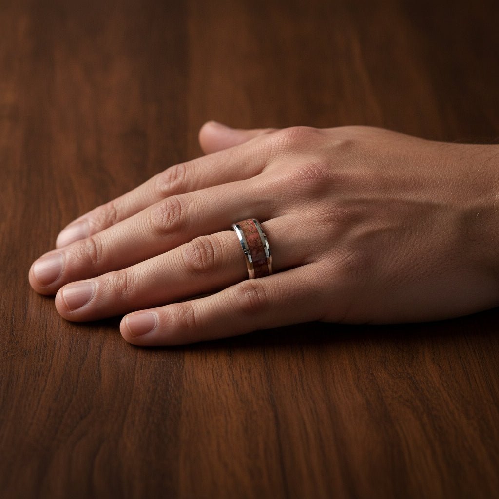 JURASSIC silver tungsten carbide ring with red dinosaur bone inlay running around the band and polished beveled edges worn on man's hand resting on walnut wood, lifestyle photo