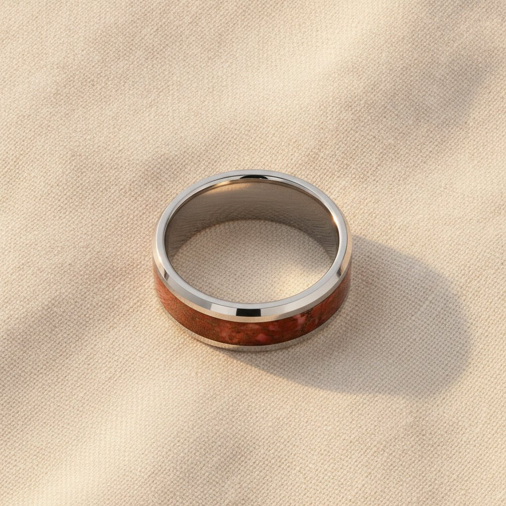 JURASSIC silver tungsten carbide ring with red dinosaur bone inlay running around the band and polished beveled edges macro detail overhead flat lay