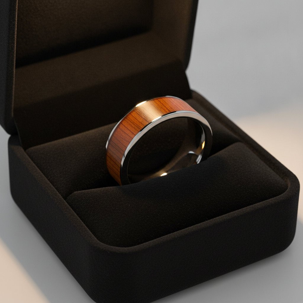 KALANI flat black tungsten carbide wedding band with koa wood inlay running around the band and polished edges nested in a black velvet ring box, editorial jewelry shot
