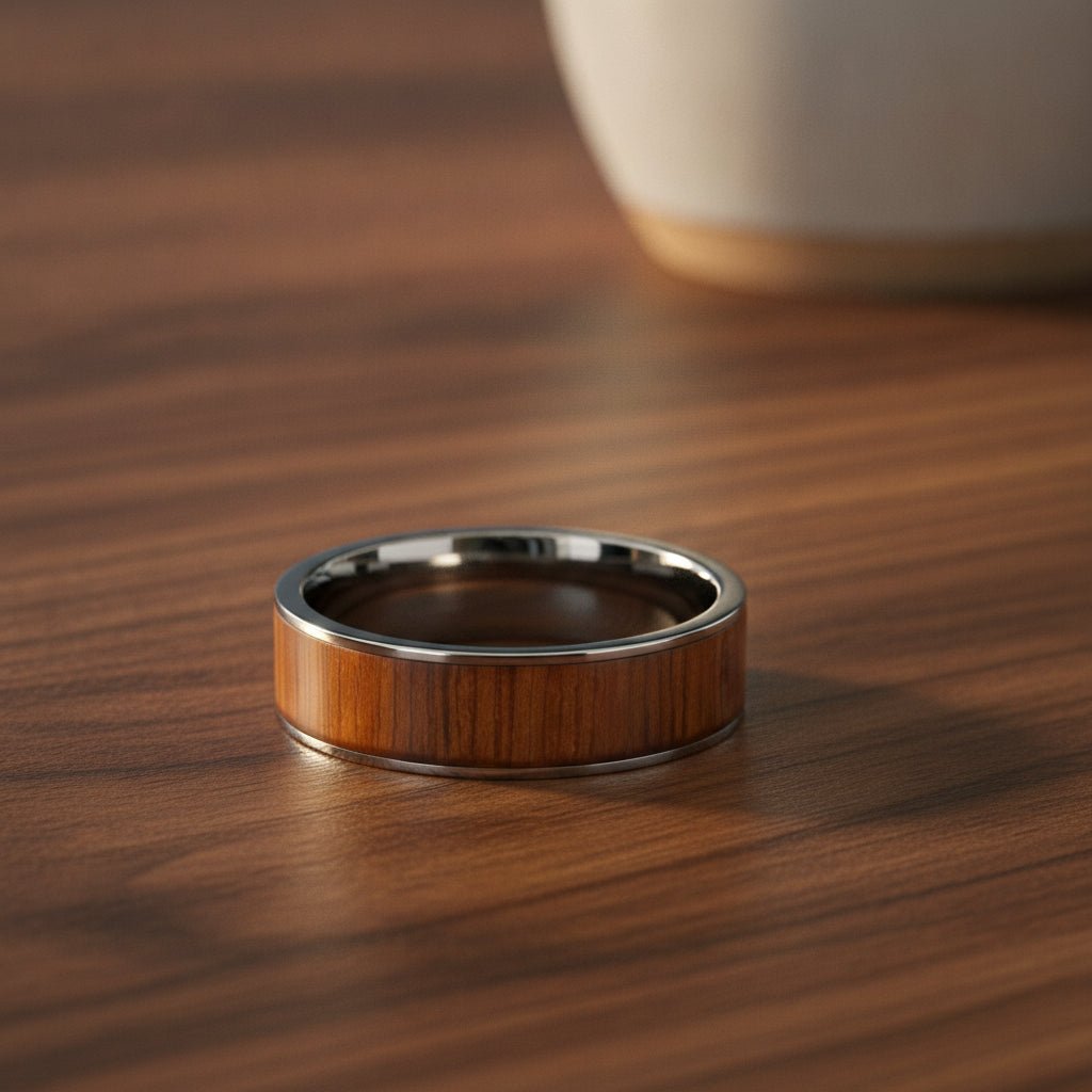 KALANI flat black tungsten carbide wedding band with koa wood inlay running around the band and polished edges resting on a walnut wood counter, lifestyle scene