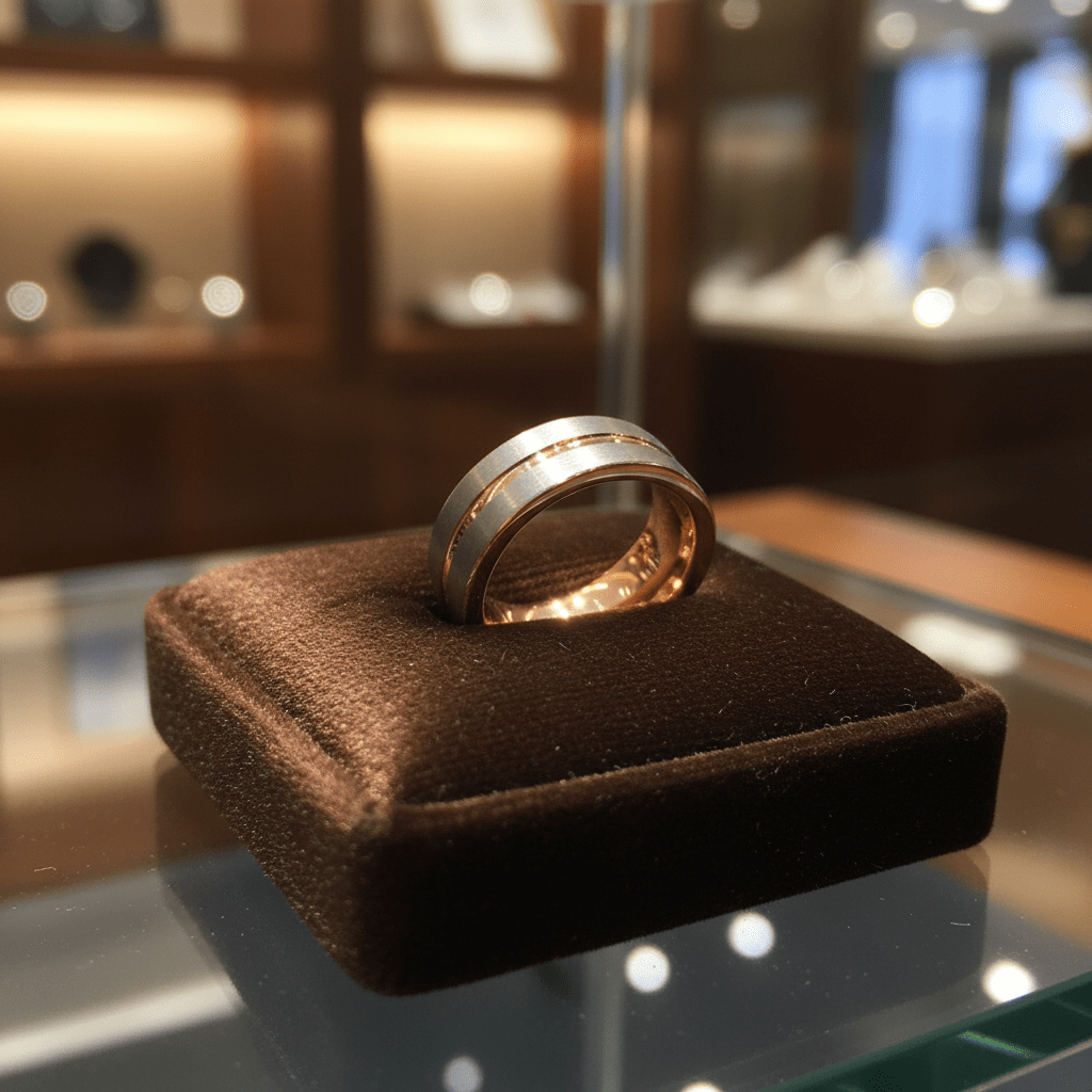 KASE — Premium boutique display on velvet — men's tungsten wedding ring.