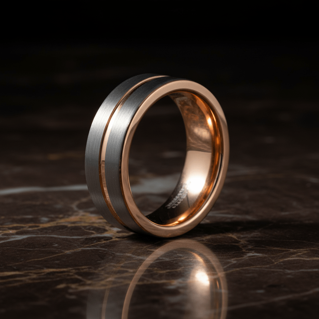 KASE — Luxury 3/4 angle on dark marble — men's tungsten wedding ring.