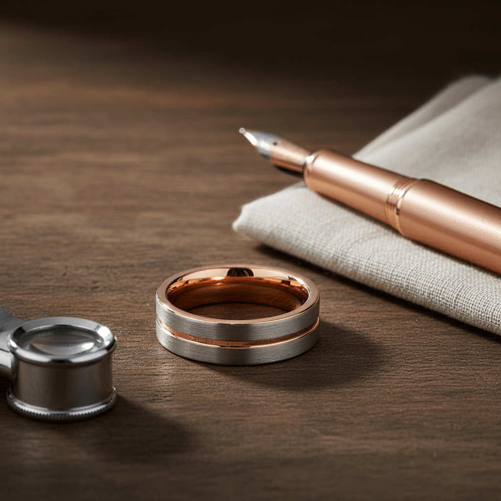 KASE — Editorial masculine still life — men's tungsten wedding ring.