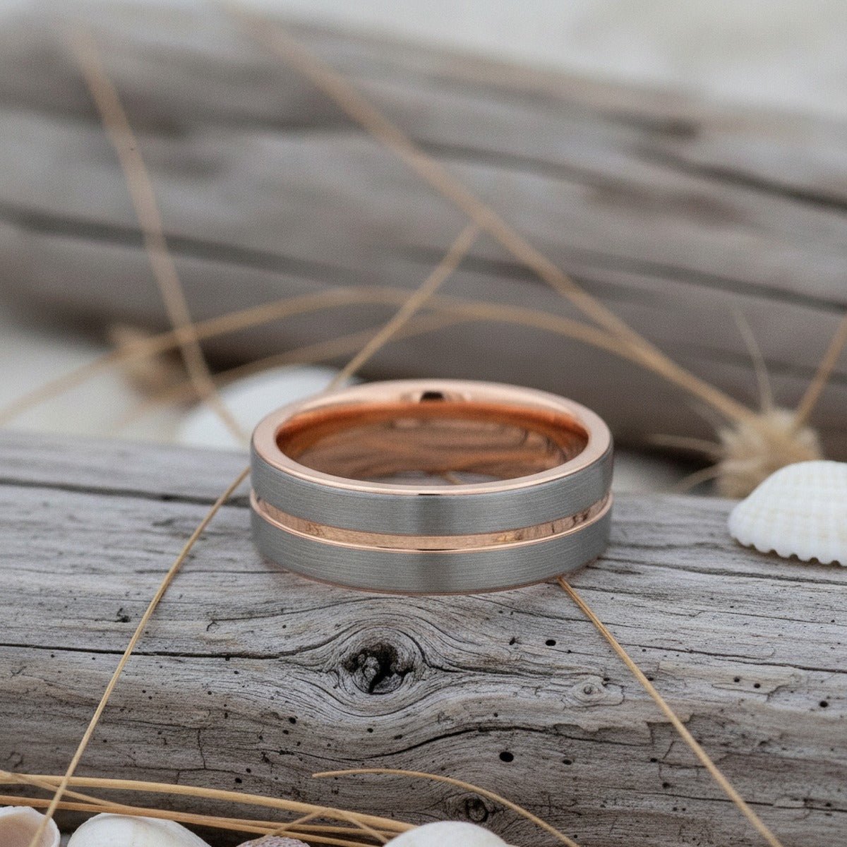 Aydins KASE | Rose Gold Tungsten Silver Center Groove Flat Pipe-Cut Wedding Ring 8mm lifestyle scene, driftwood shells