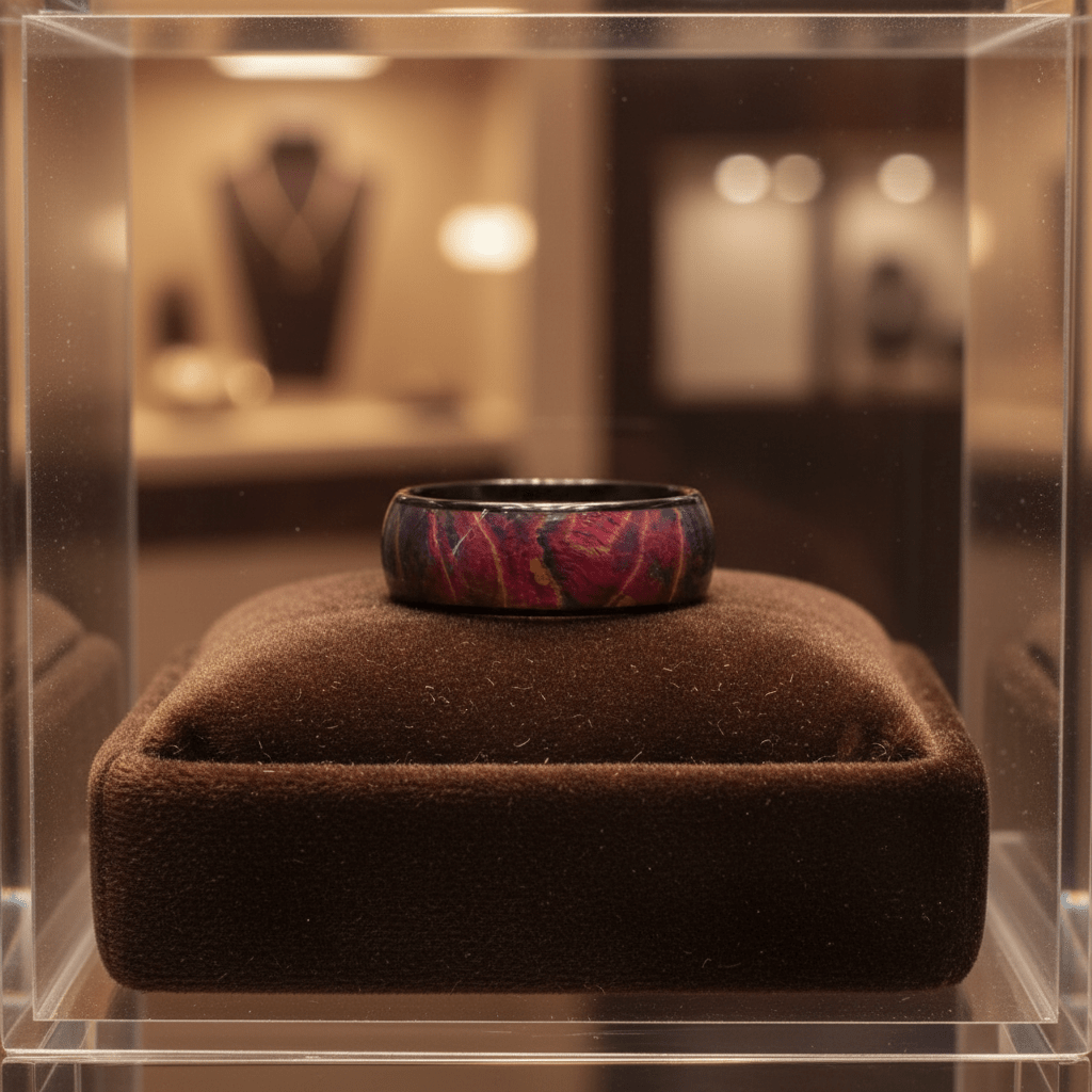 KEMPS — Premium boutique display on velvet — men's tungsten wedding ring.