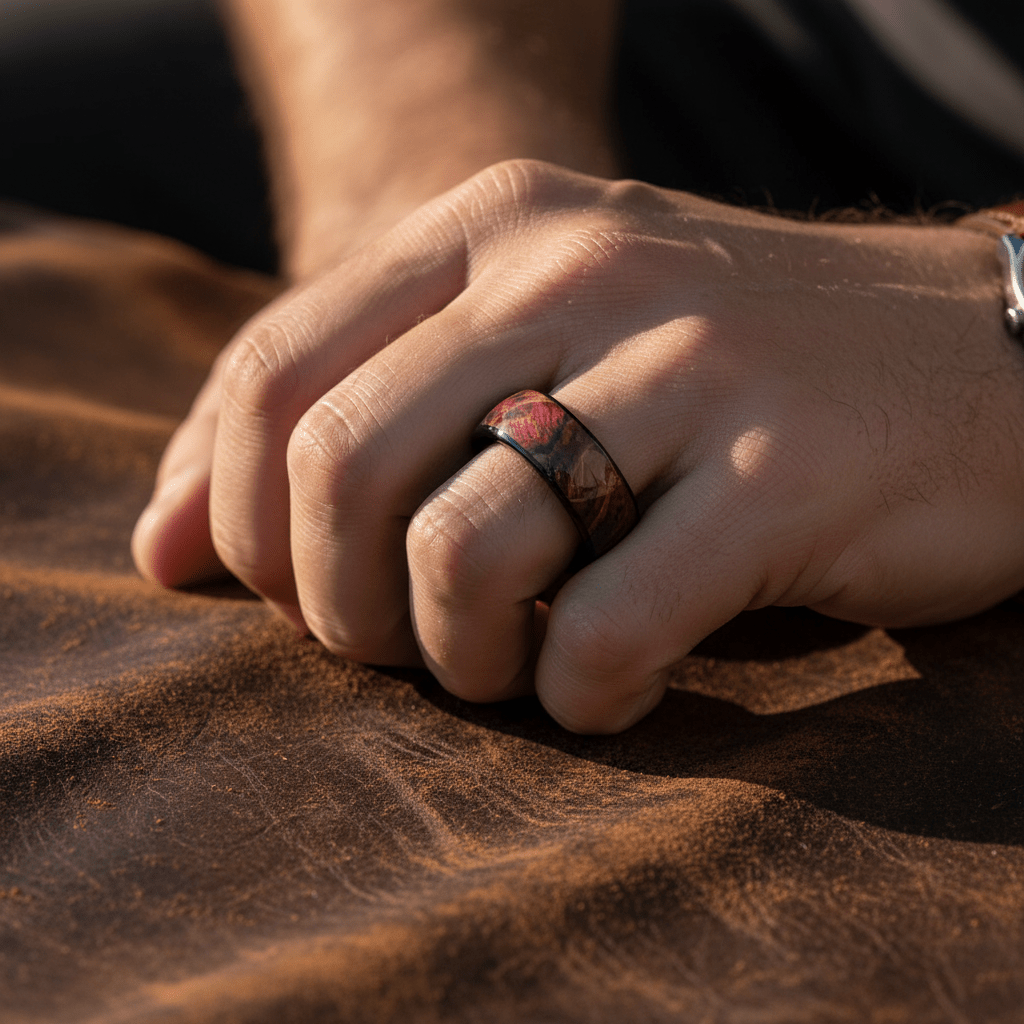 KEMPS — Lifestyle photo on hand — men's tungsten wedding ring.