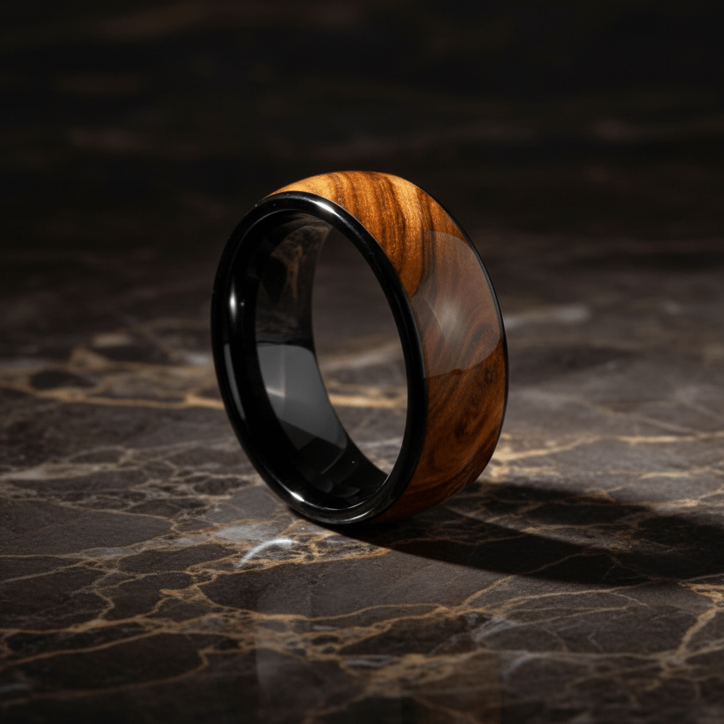 KEMPS — Luxury 3/4 angle on dark marble — men's tungsten wedding ring.