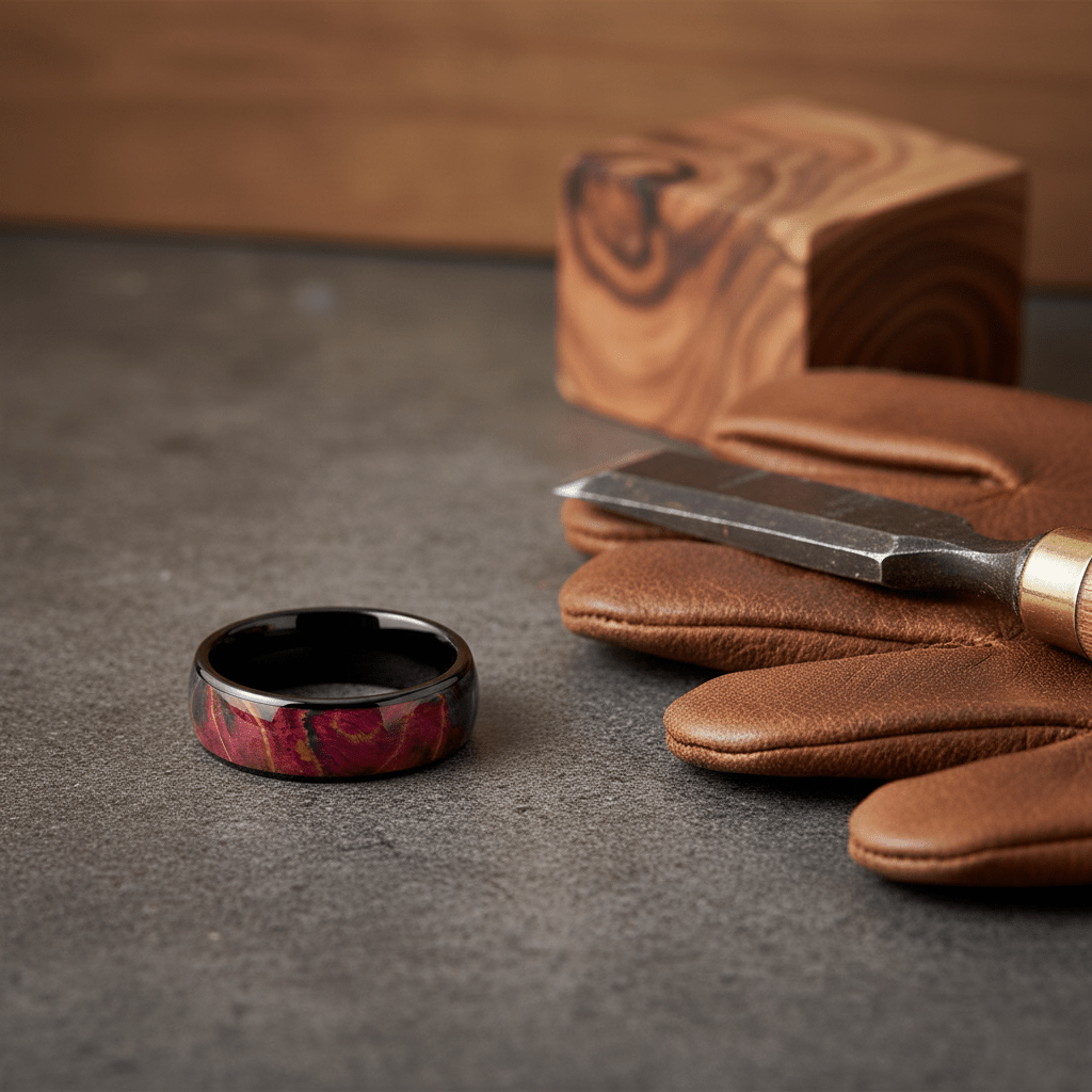 KEMPS — Editorial masculine still life — men's tungsten wedding ring.