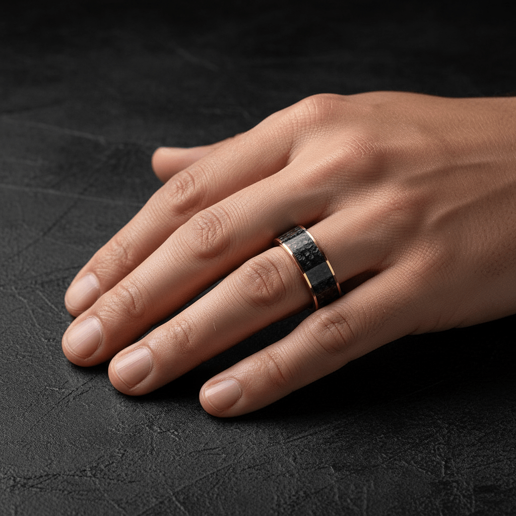 Dinosaur Bone inlay 14k yellow gold wedding band 8mm, on the hand