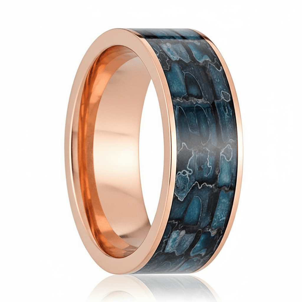 Dinosaur Bone inlay 14k yellow gold wedding band 8mm, close-up of inlay