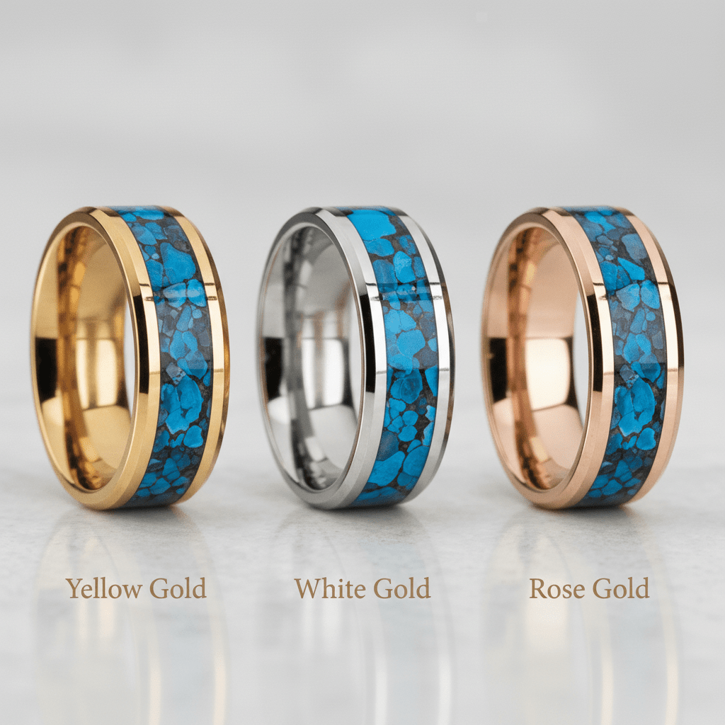 Dinosaur Bone inlay 14k yellow gold wedding band 8mm, top view