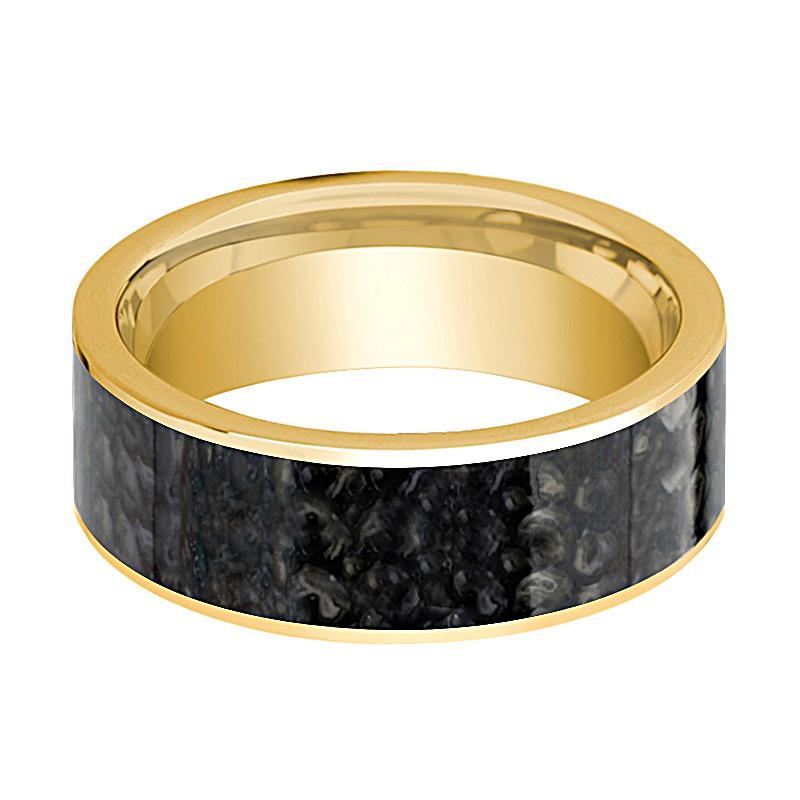 Dinosaur Bone inlay 14k yellow gold wedding band 8mm, angled view