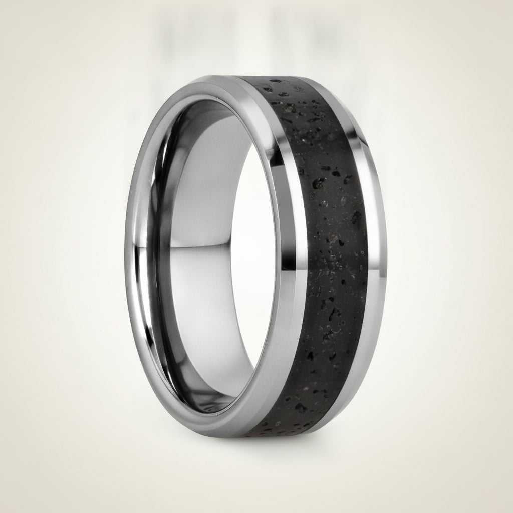 KILAUEA polished silver tungsten wedding band with black and gray lava rock stone inlay running around the band and polished beveled edges, studio hero shot