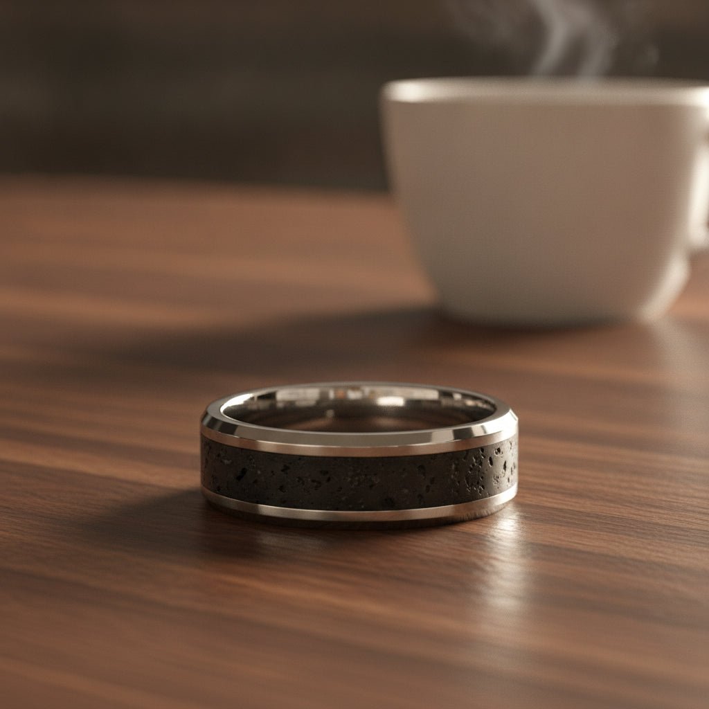 KILAUEA polished silver tungsten wedding band with black and gray lava rock stone inlay running around the band and polished beveled edges resting on a walnut wood counter, lifestyle scene