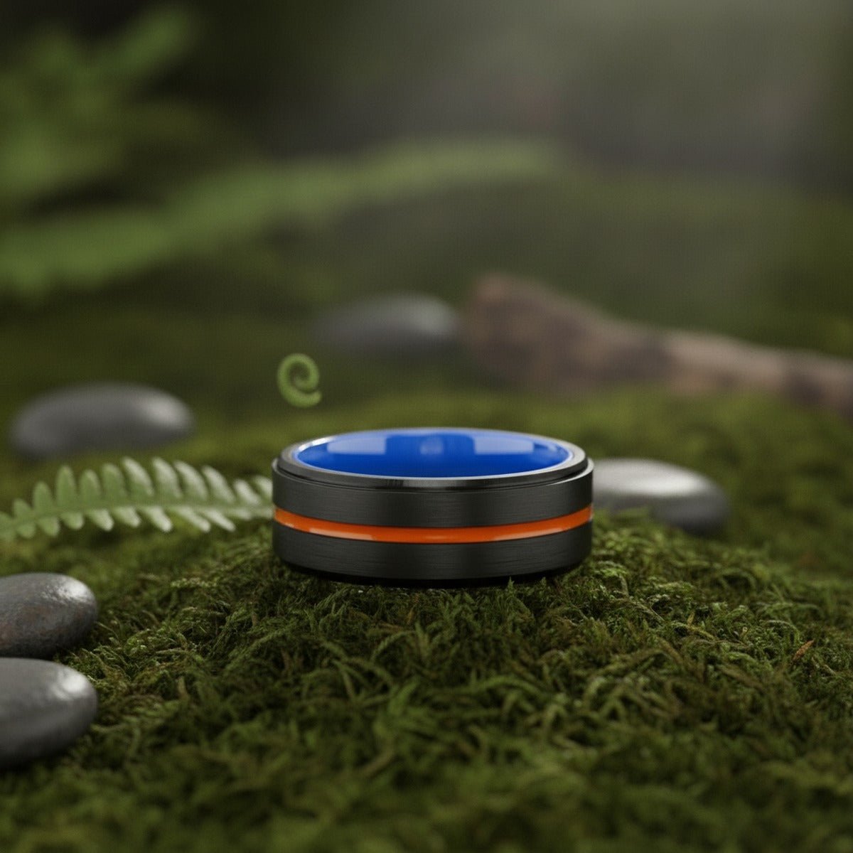 Aydins KILLEEN | Blue Ring, Black Tungsten Ring, Orange Groove, Stepped Edge lifestyle scene, moss forest