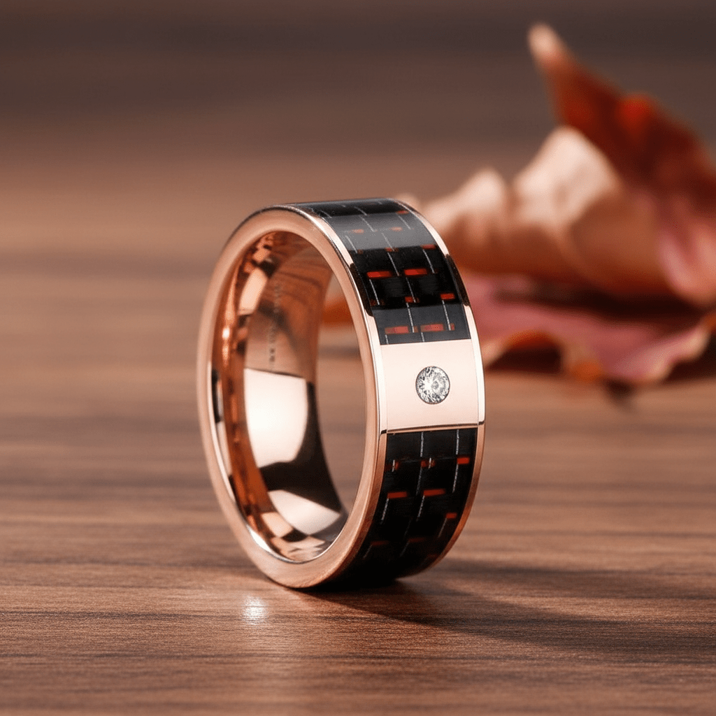 Red Carbon Fiber inlay 14k yellow gold wedding band 8mm with diamond, additional view 10