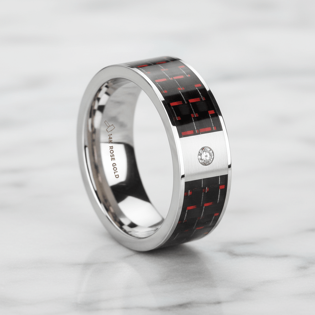 Red Carbon Fiber inlay 14k yellow gold wedding band 8mm with diamond, additional view 9
