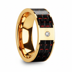 Red Carbon Fiber inlay 14k yellow gold wedding band 8mm with diamond, side profile