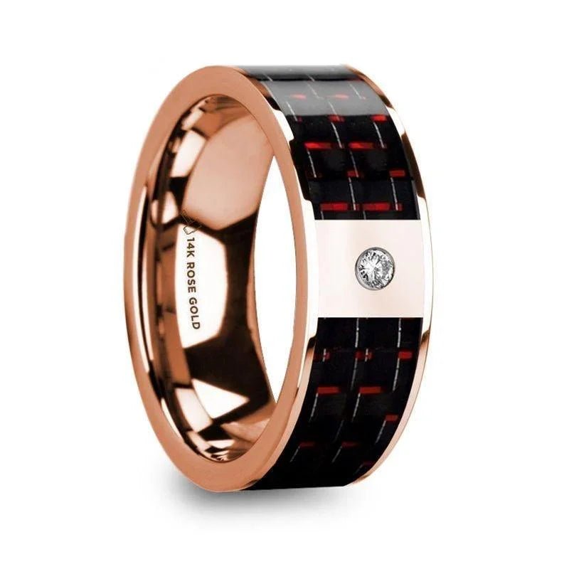 Red Carbon Fiber inlay 14k yellow gold wedding band 8mm with diamond, additional view 6