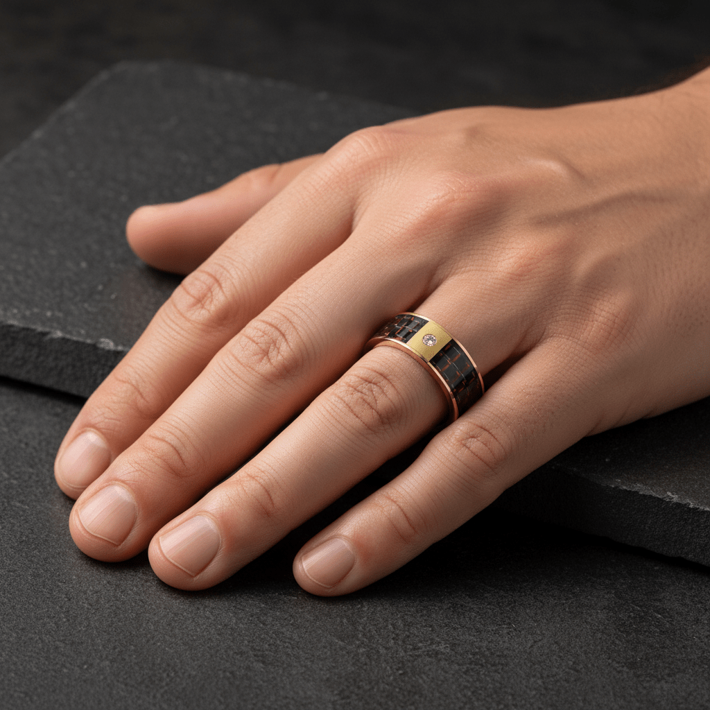 Red Carbon Fiber inlay 14k yellow gold wedding band 8mm with diamond, angled view