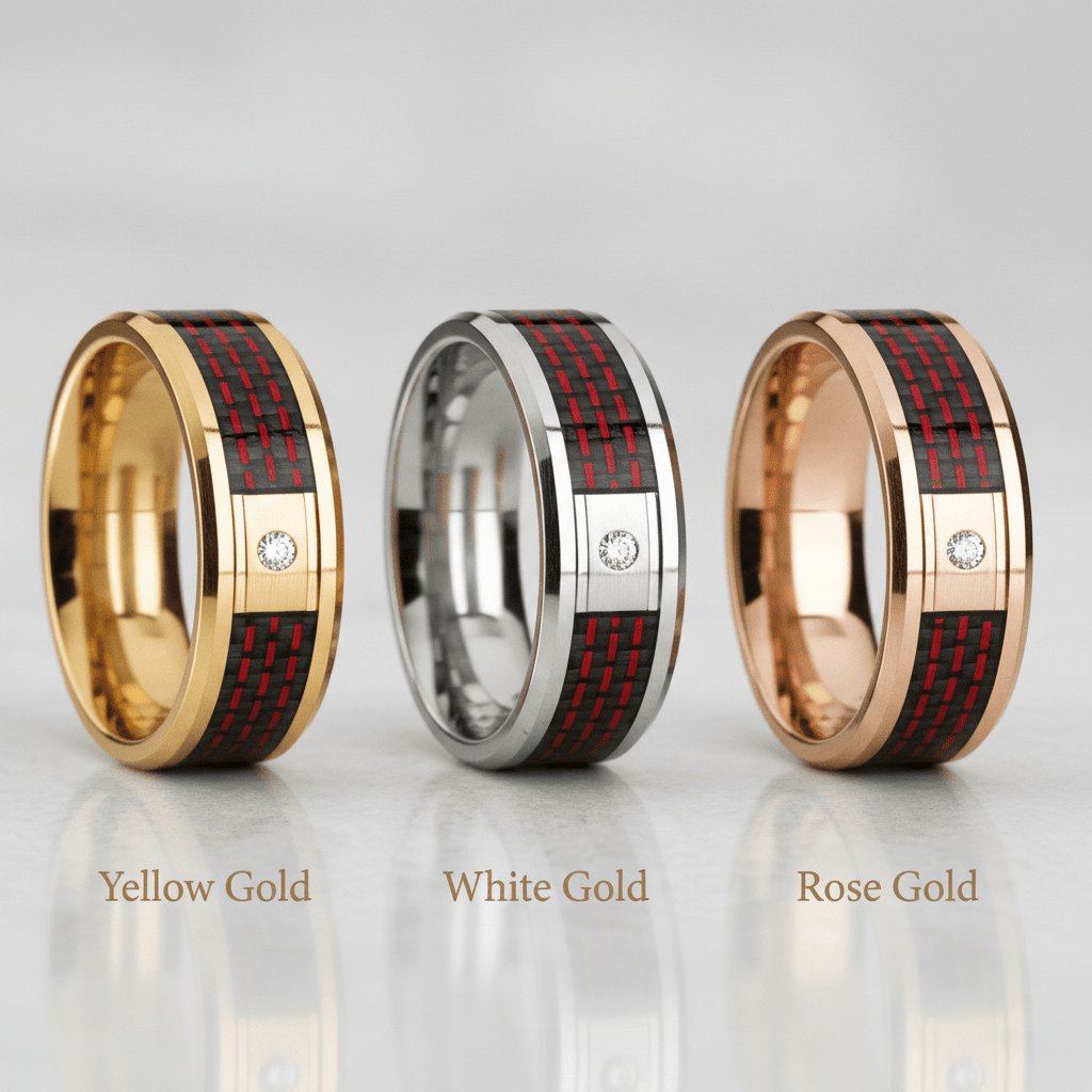 Red Carbon Fiber inlay 14k yellow gold wedding band 8mm with diamond, top view