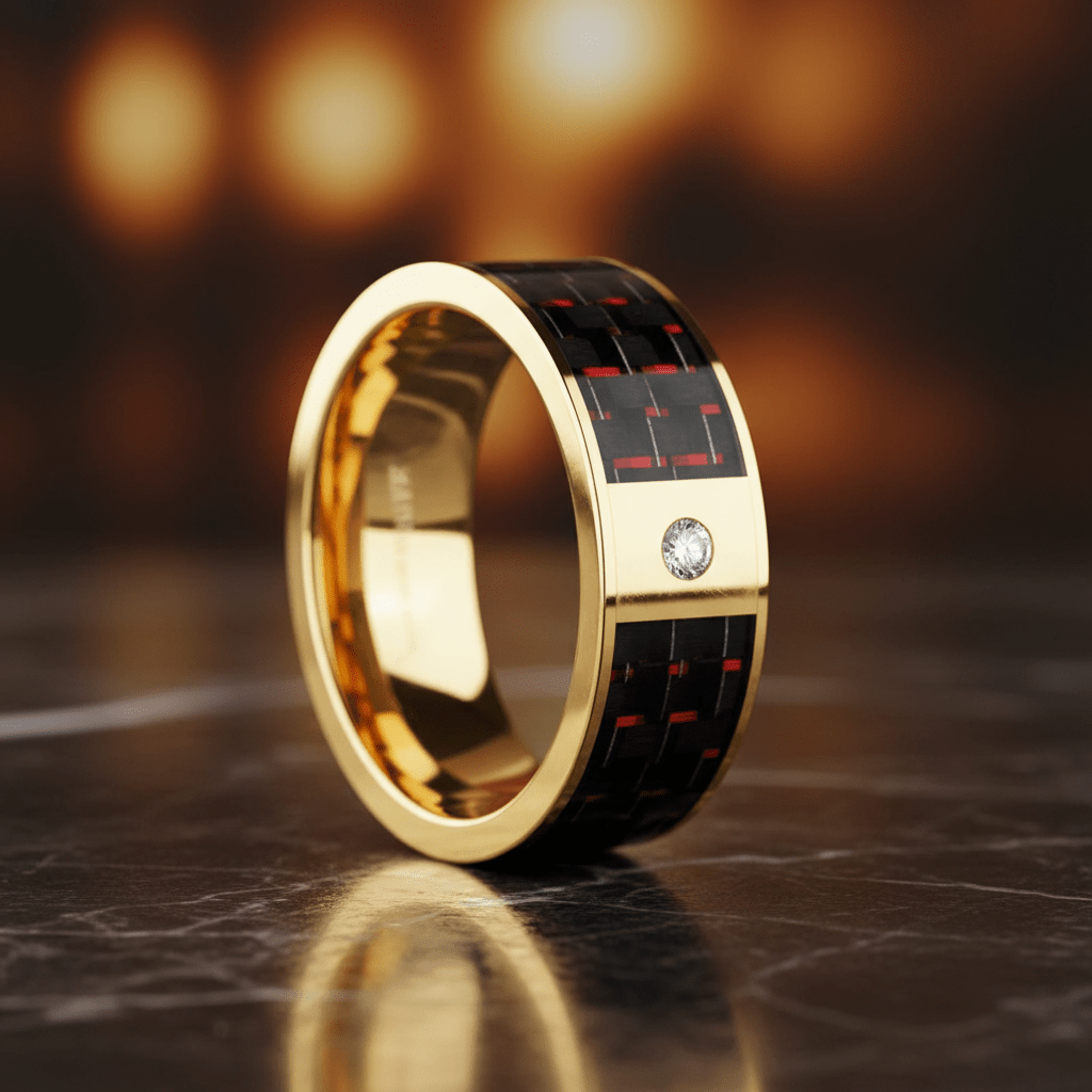 Red Carbon Fiber inlay 14k yellow gold wedding band 8mm with diamond, additional view 8