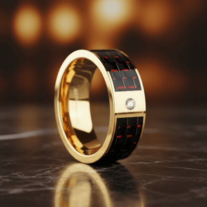 Red Carbon Fiber inlay 14k yellow gold wedding band 8mm with diamond, additional view 8