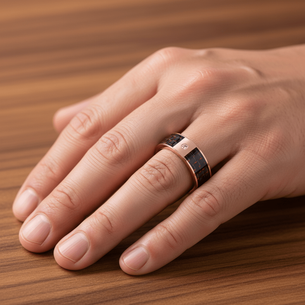 Red Carbon Fiber inlay 14k yellow gold wedding band 8mm with diamond, additional view 7