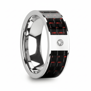 Red Carbon Fiber inlay 14k yellow gold wedding band 8mm with diamond, close-up of inlay