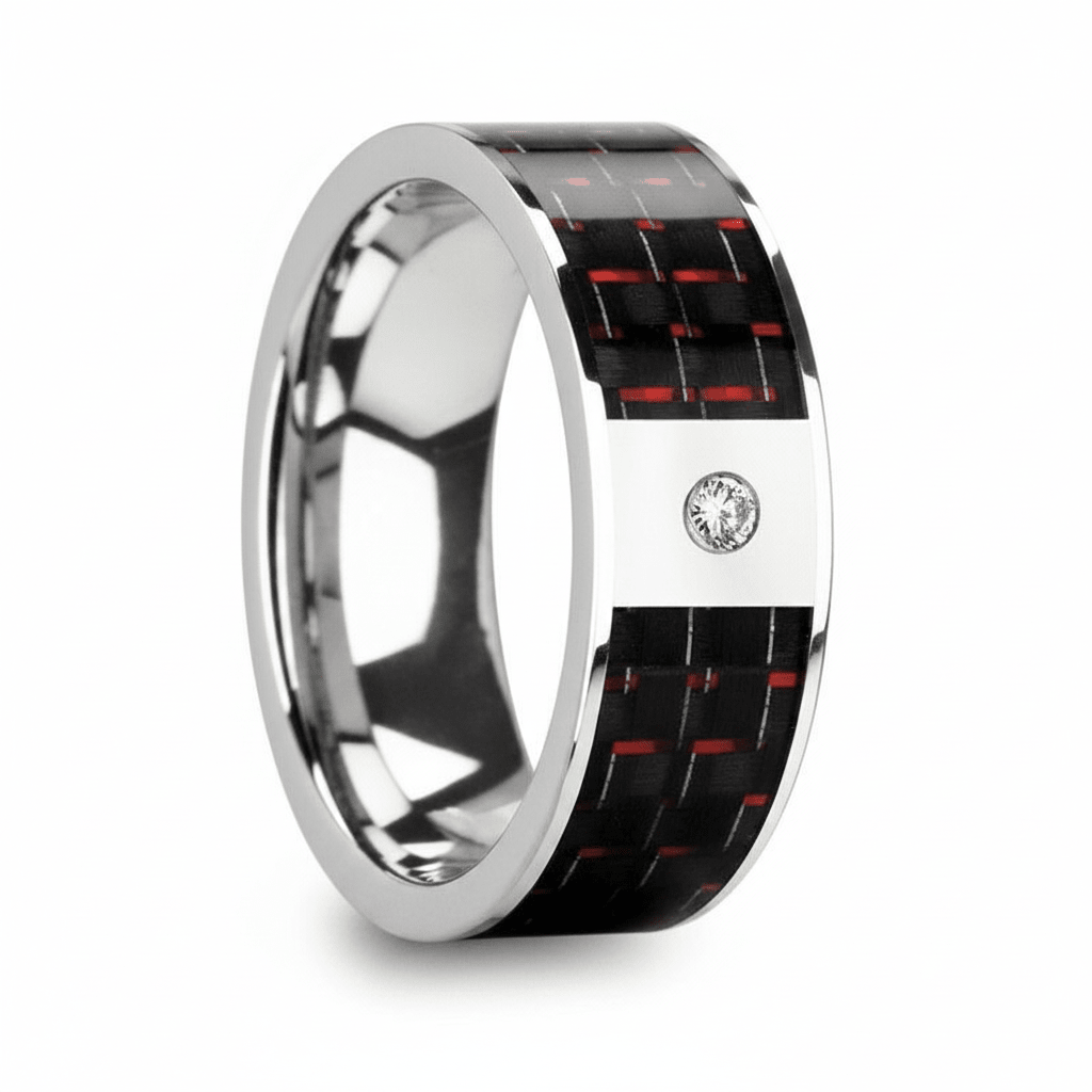 Red Carbon Fiber inlay 14k yellow gold wedding band 8mm with diamond, close-up of inlay