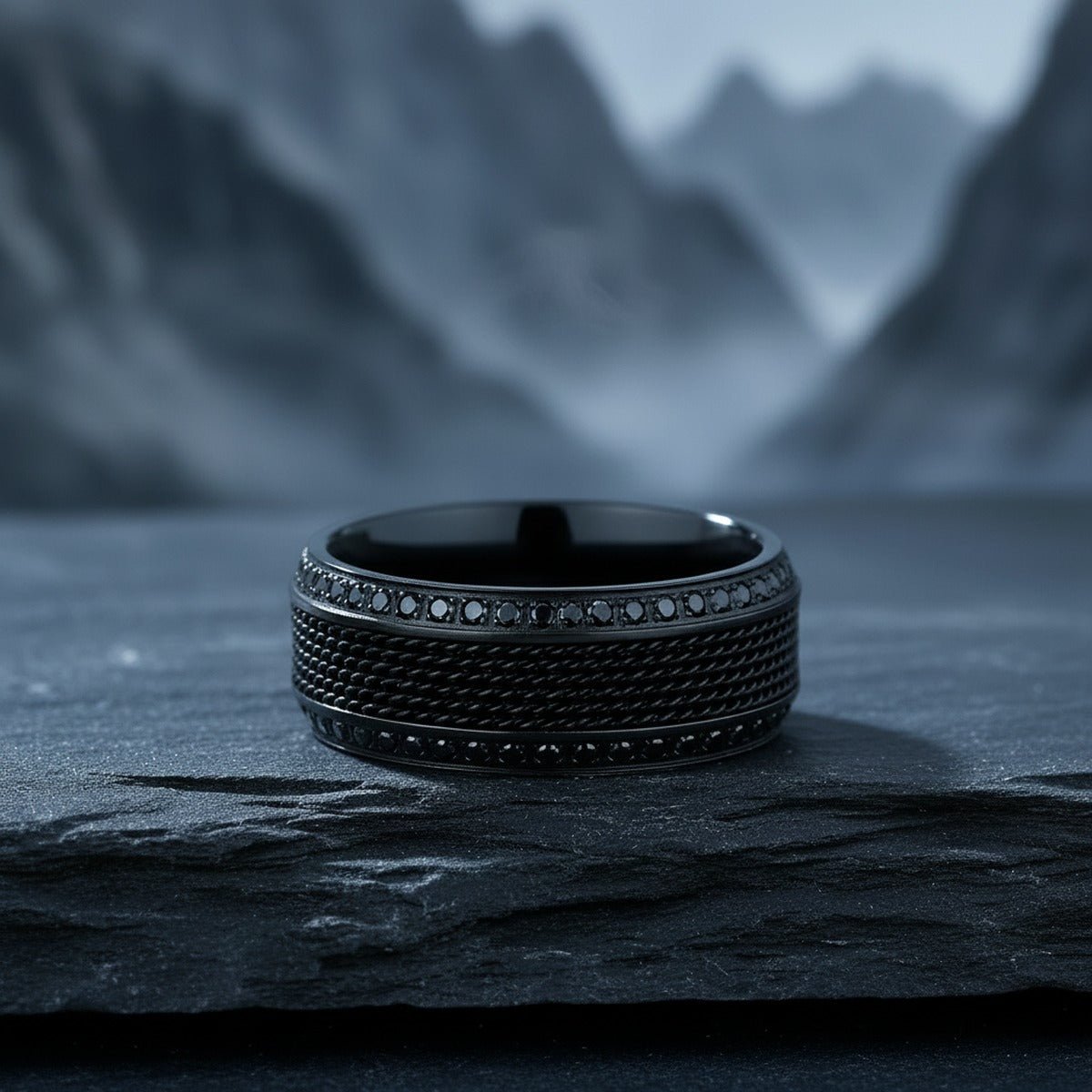 Aydins KNIGHT | Black Titanium Steel Chain Black Diamond Wedding Ring — 8mm lifestyle scene, slate stone mountain