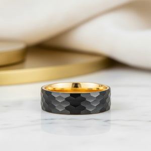 Aydins KNOX | Gold Tungsten Ring with Black Hammered Center lifestyle scene, marble minimal
