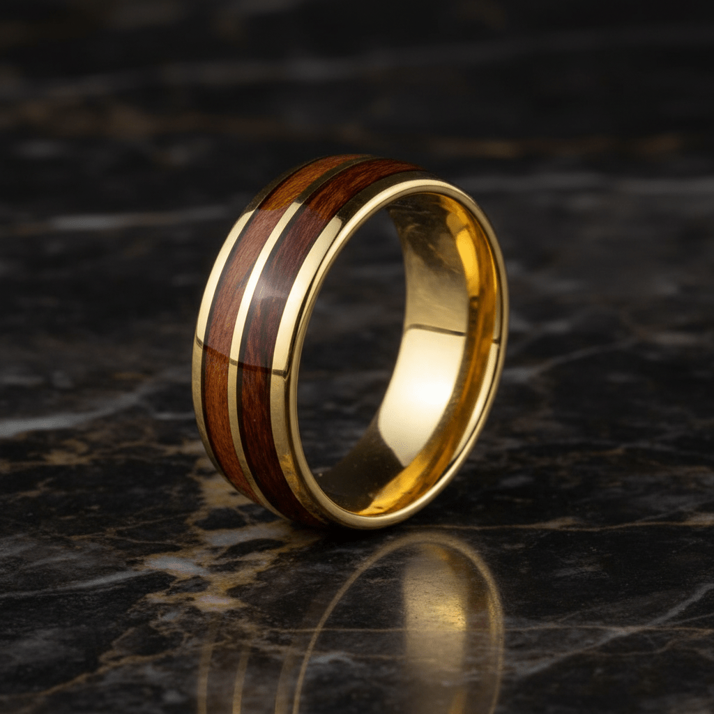 KOAFLARE — Luxury 3/4 angle on dark marble — men's tungsten wedding ring.