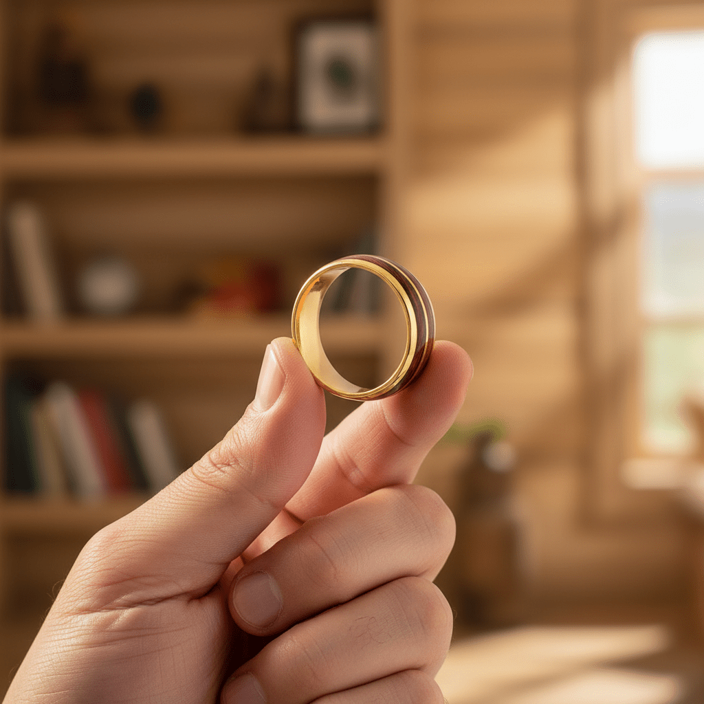 KOAFLARE — Held between fingers close-up — men's tungsten wedding ring.
