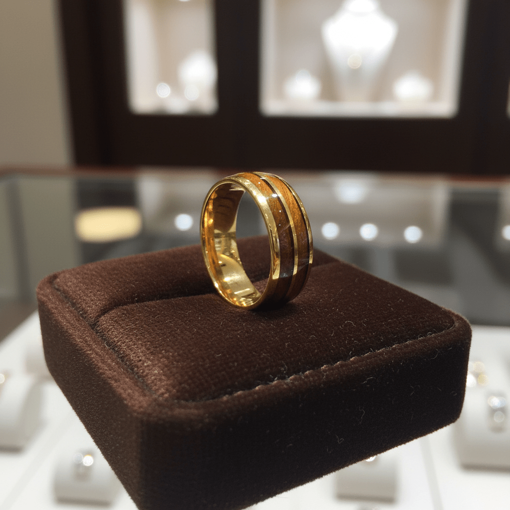 KOAFLARE — Premium boutique display on velvet — men's tungsten wedding ring.