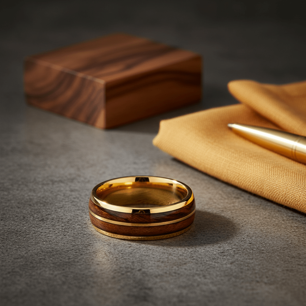KOAFLARE — Editorial masculine still life — men's tungsten wedding ring.