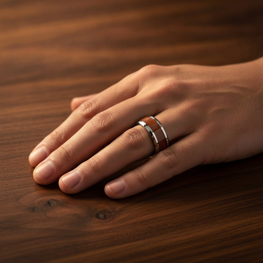 KODIAK silver tungsten carbide wedding band with rosewood inlay running around the band and polished edges worn on man's hand resting on walnut wood, lifestyle photo