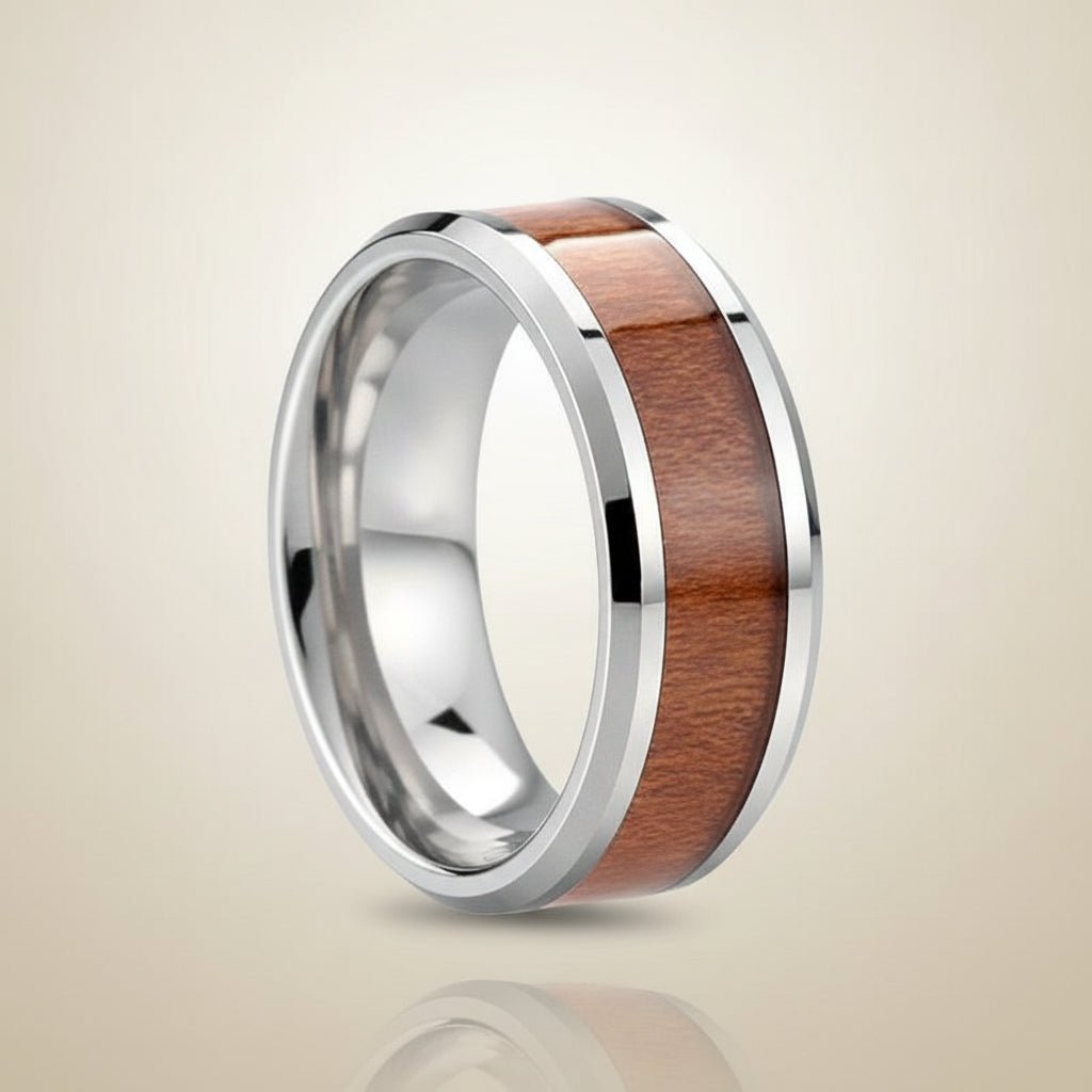 KODIAK silver tungsten carbide wedding band with rosewood inlay running around the band and polished edges, studio hero shot