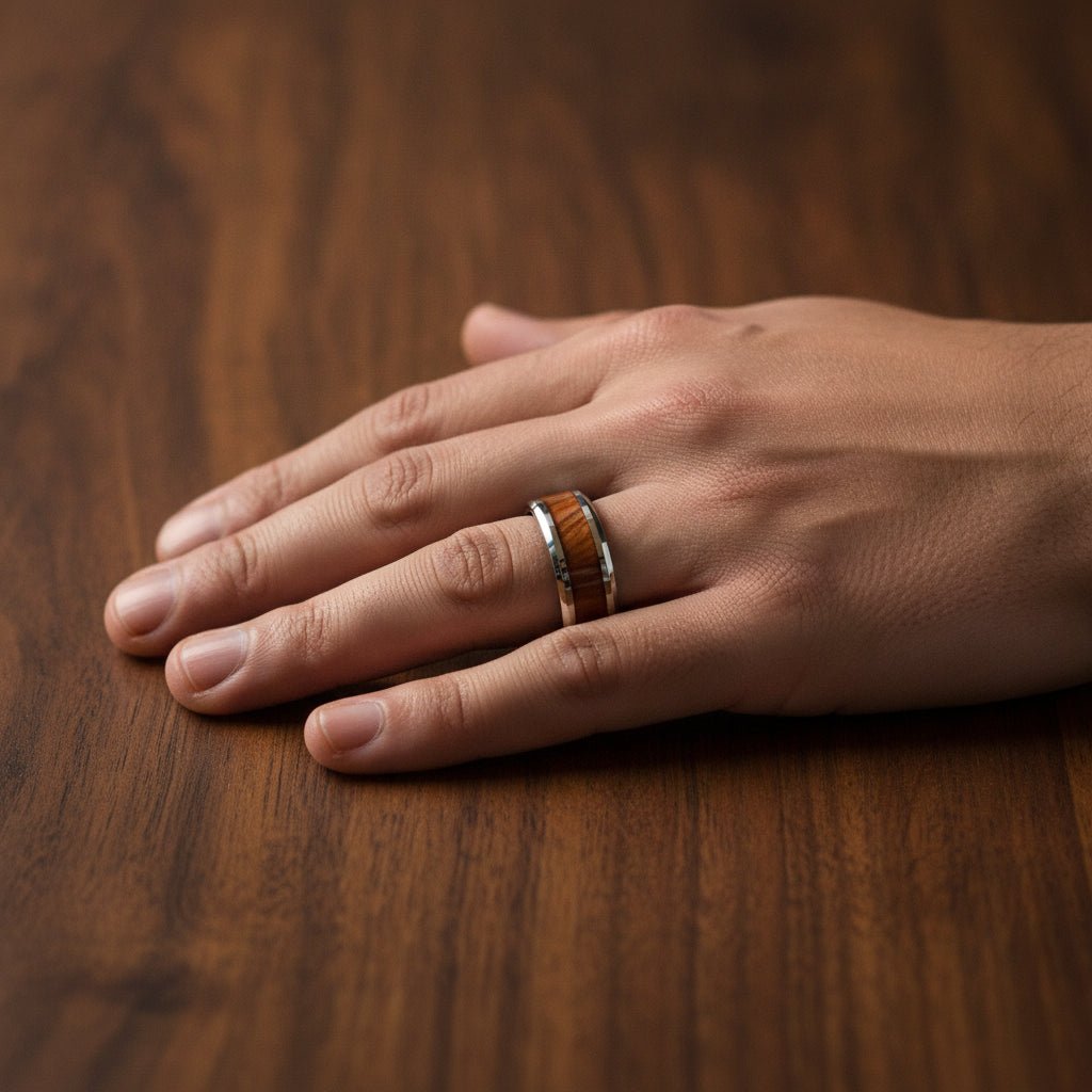 KONA silver tungsten carbide ring with hawaiian koa wood inlay running around the band and polished beveled edges worn on man's hand resting on walnut wood, lifestyle photo