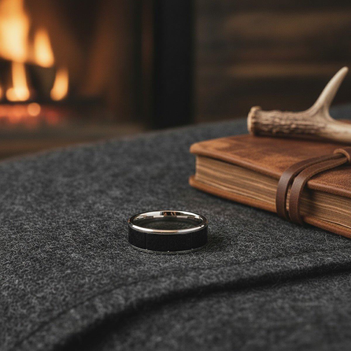Aydins KONSTANTINE | Tungsten Ring Black Ceramic Inlay lifestyle scene, hunting lodge antler