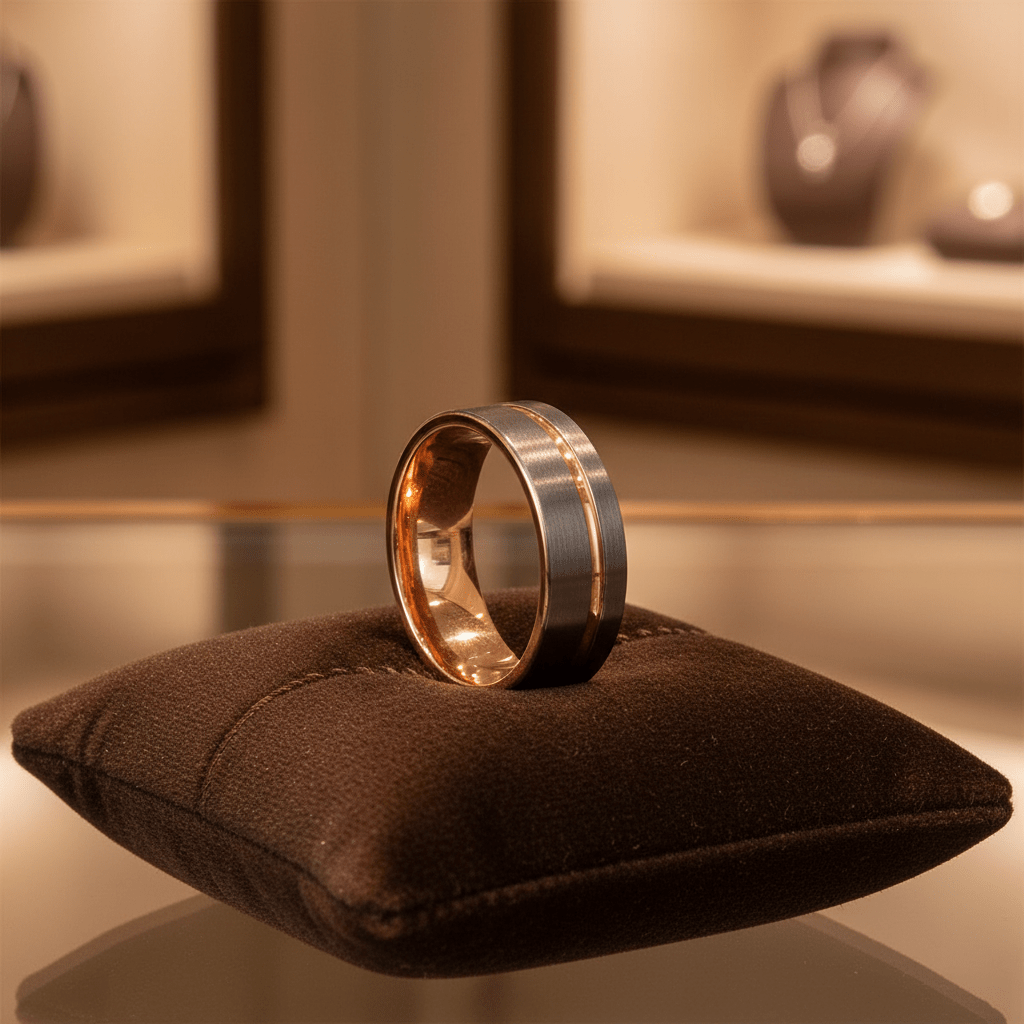 KORAI — Premium boutique display on velvet — men's tungsten wedding ring.