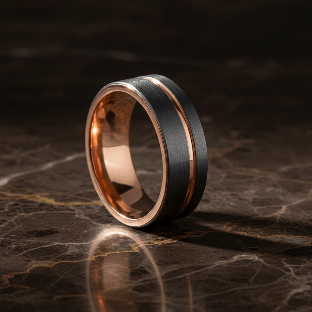 KORAI — Luxury 3/4 angle on dark marble — men's tungsten wedding ring.