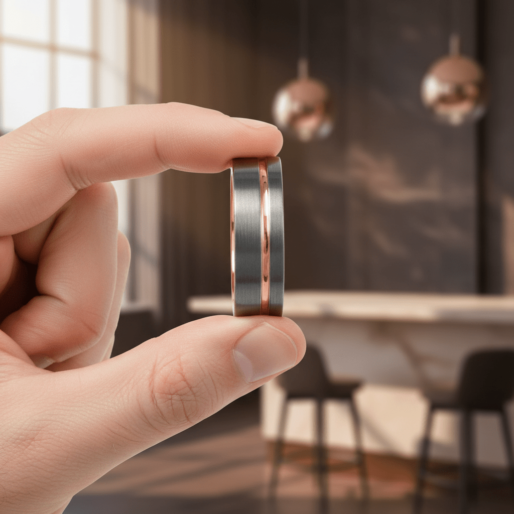 KORAI — Held between fingers close-up — men's tungsten wedding ring.