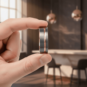 KORAI — Held between fingers close-up — men's tungsten wedding ring.
