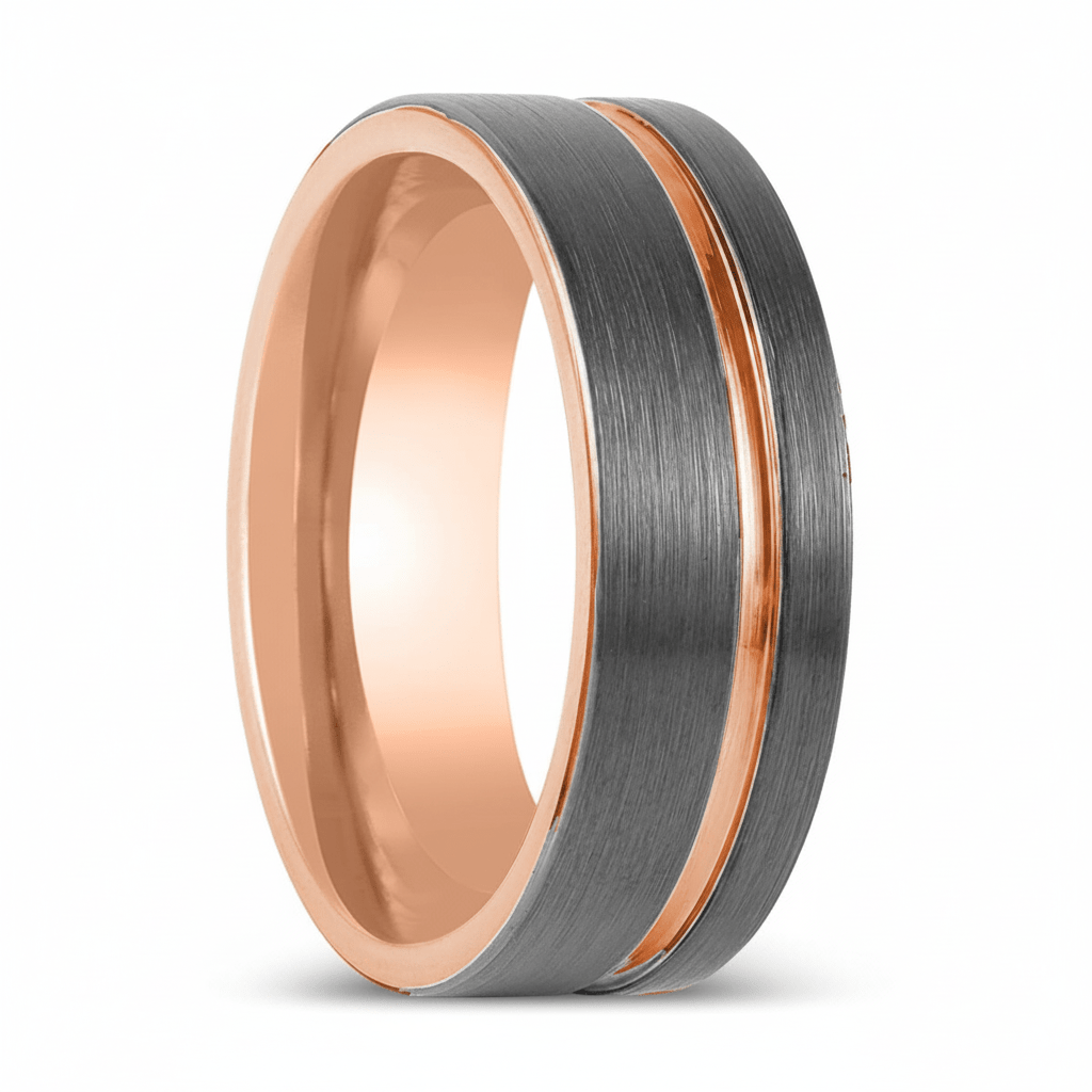 KORAI — Hero product shot — men's tungsten wedding ring.