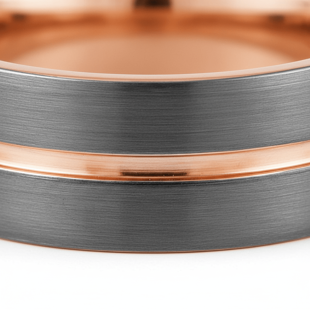 KORAI — Extreme macro detail — men's tungsten wedding ring.