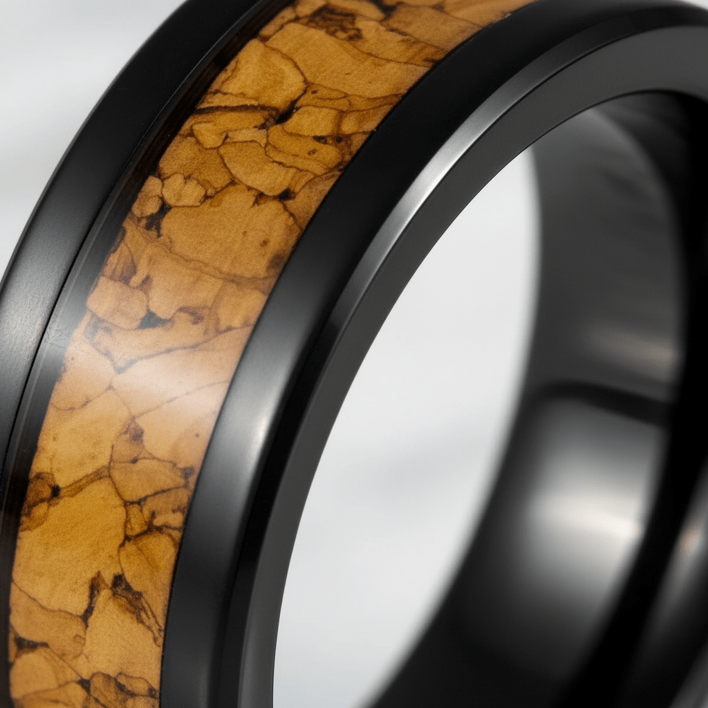 LANG — Extreme macro detail — men's tungsten wedding ring.